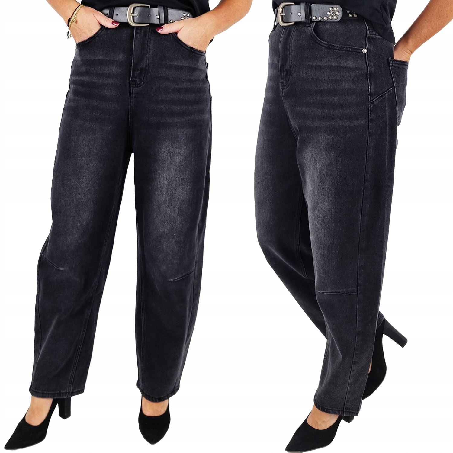 M.sara Spodnie Balloon Fit Jeansy Z Szerokimi Nogawkami Piękny Pasek