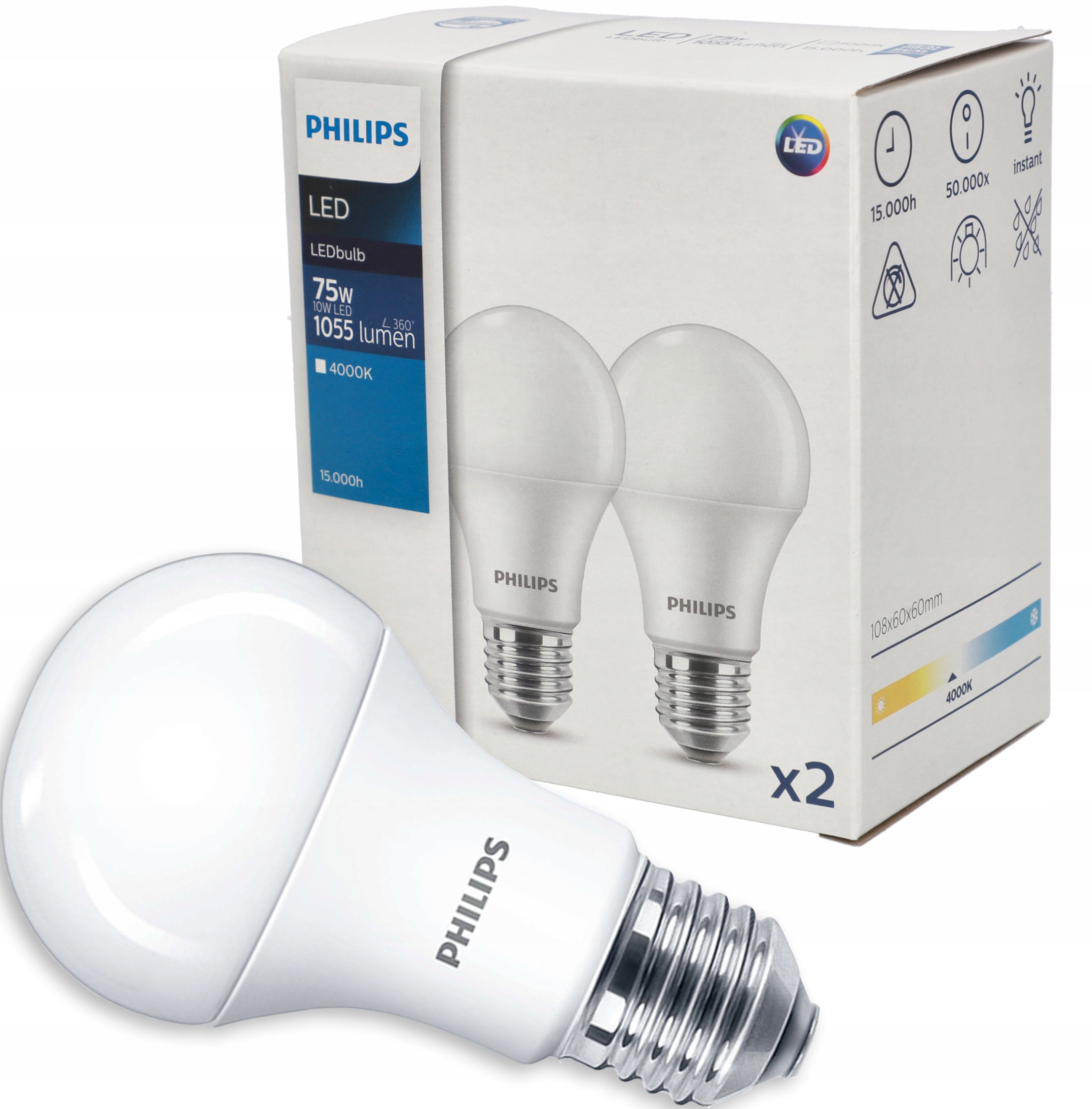 

2x Żarówka Led E27 A60 10W 4000K 1055lm Philips