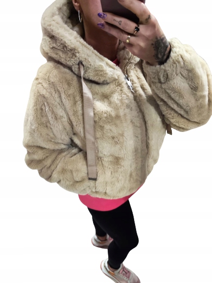 ELEGANCKIE KOBIECE BEŻOWE FUTRO Z MISIA KURTKA M Rozmiar M