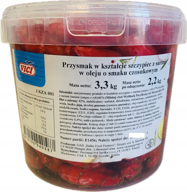 Szczypce Przysmak Z Surimi W Oleju O Smaku Czosnkowym 3,3 Kg VICI