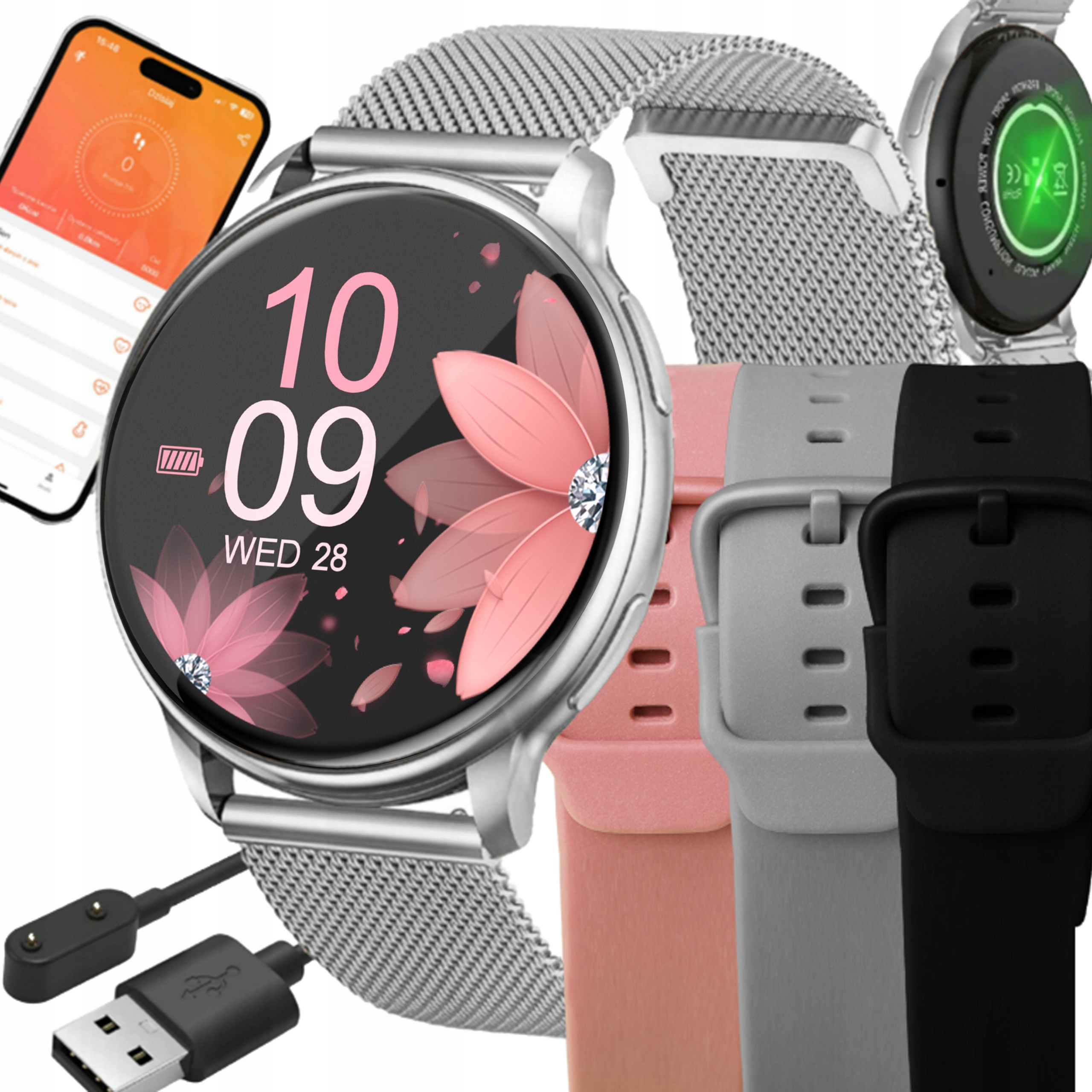 Smartwatch Zegarek Damski Polskie Menu Rozmowy Powiadom Srebrny Sport Paski