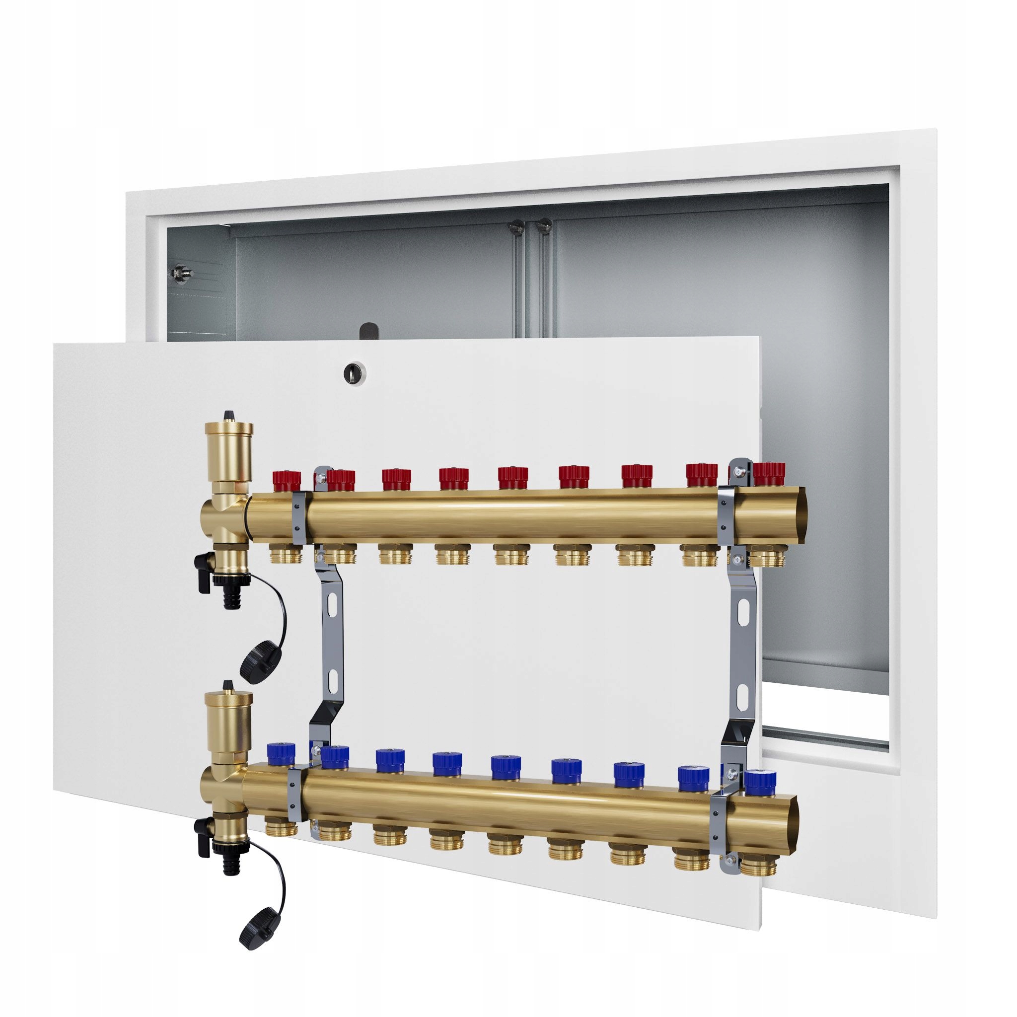 Manuální rozdělovač 9 okruhů pro radiátorové vytápění podomítková skříňka