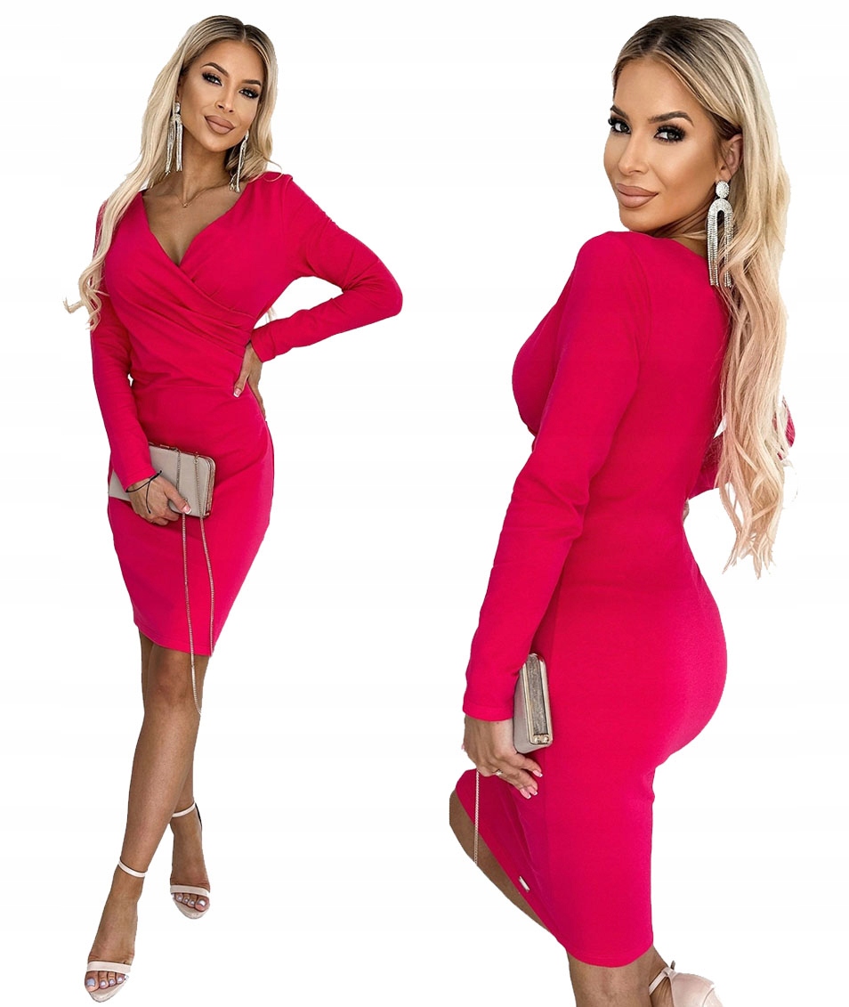 Elegantní Bavlněné Šaty S Zavinovacím Výstřihem A Dlouhým Rukávem, Fuchsiová Velikost M