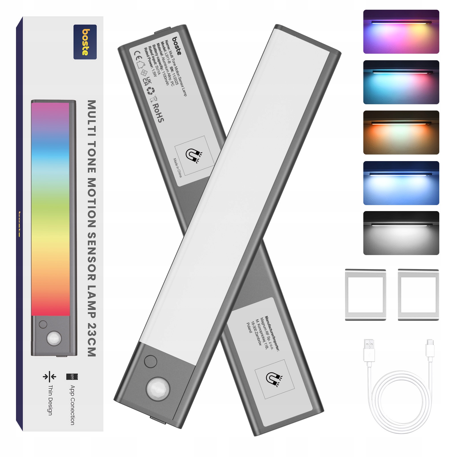 BOSTE LAMPKA LED RGB NOCNA Z CZUJNIKIEM RUCHU I ZMIERZCHU MAGNETYCZNA AUTO