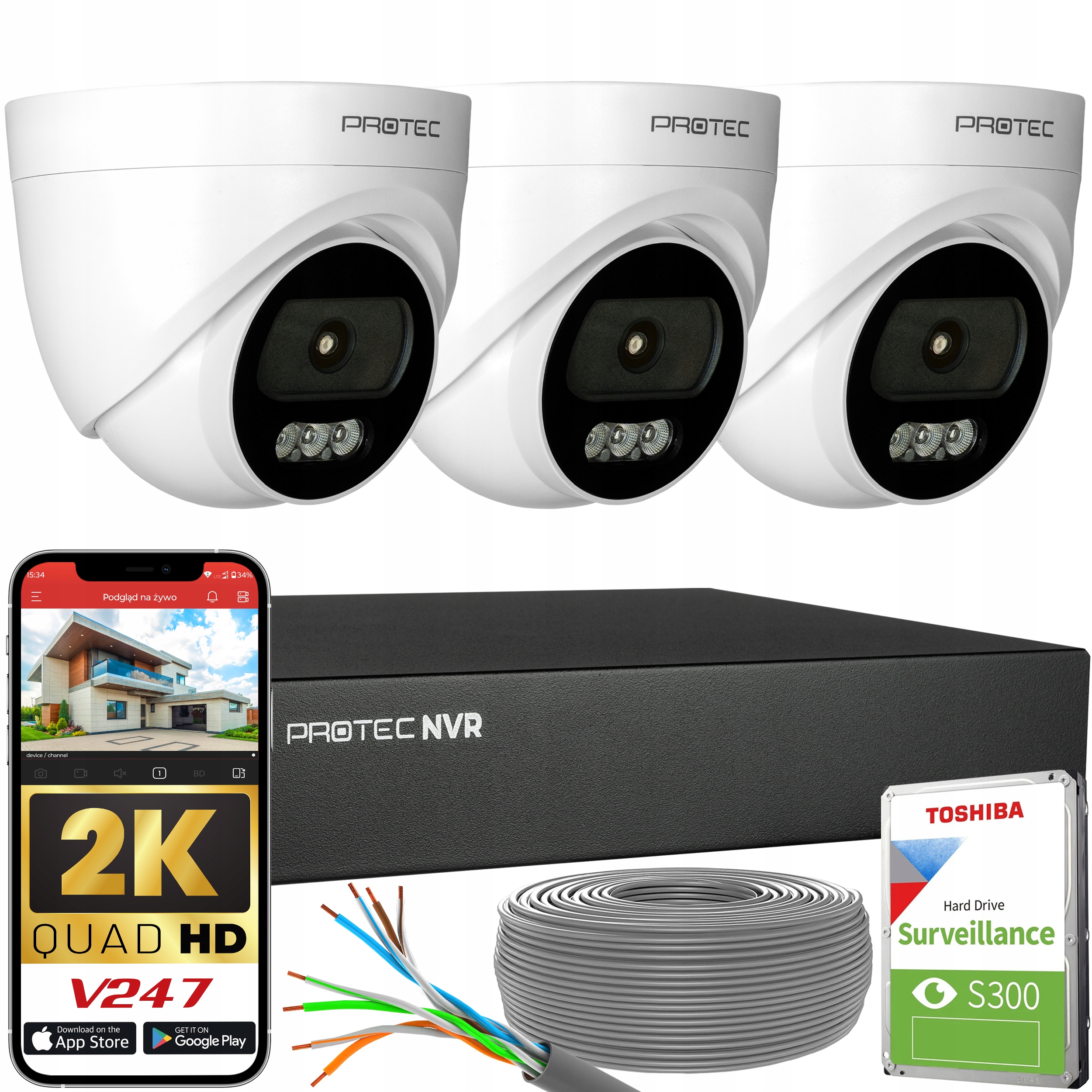 Monitorování 3 Ip kamery 4MPX 2K Poe Kopulový vnitřní mikrofon Hdd