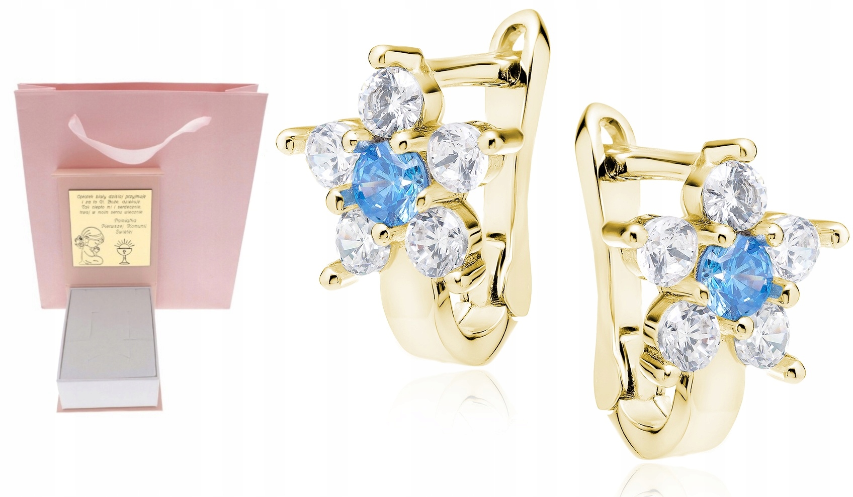 Zlaté náušnice anglické zapínání květiny modré Svaté Přijímání Křest 925