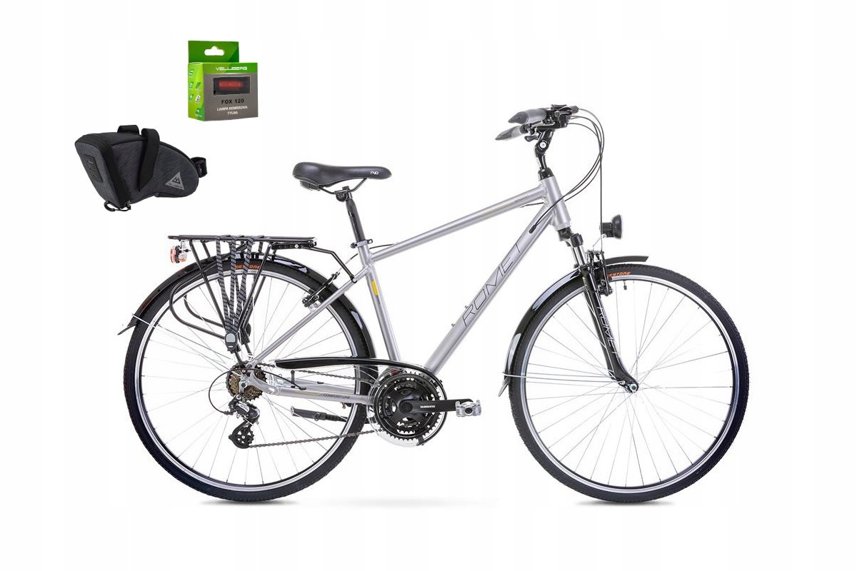 Męski Rower Trekkingowy 28 Romet Wagant Srebrno-żółty 19″ sakwa lamp