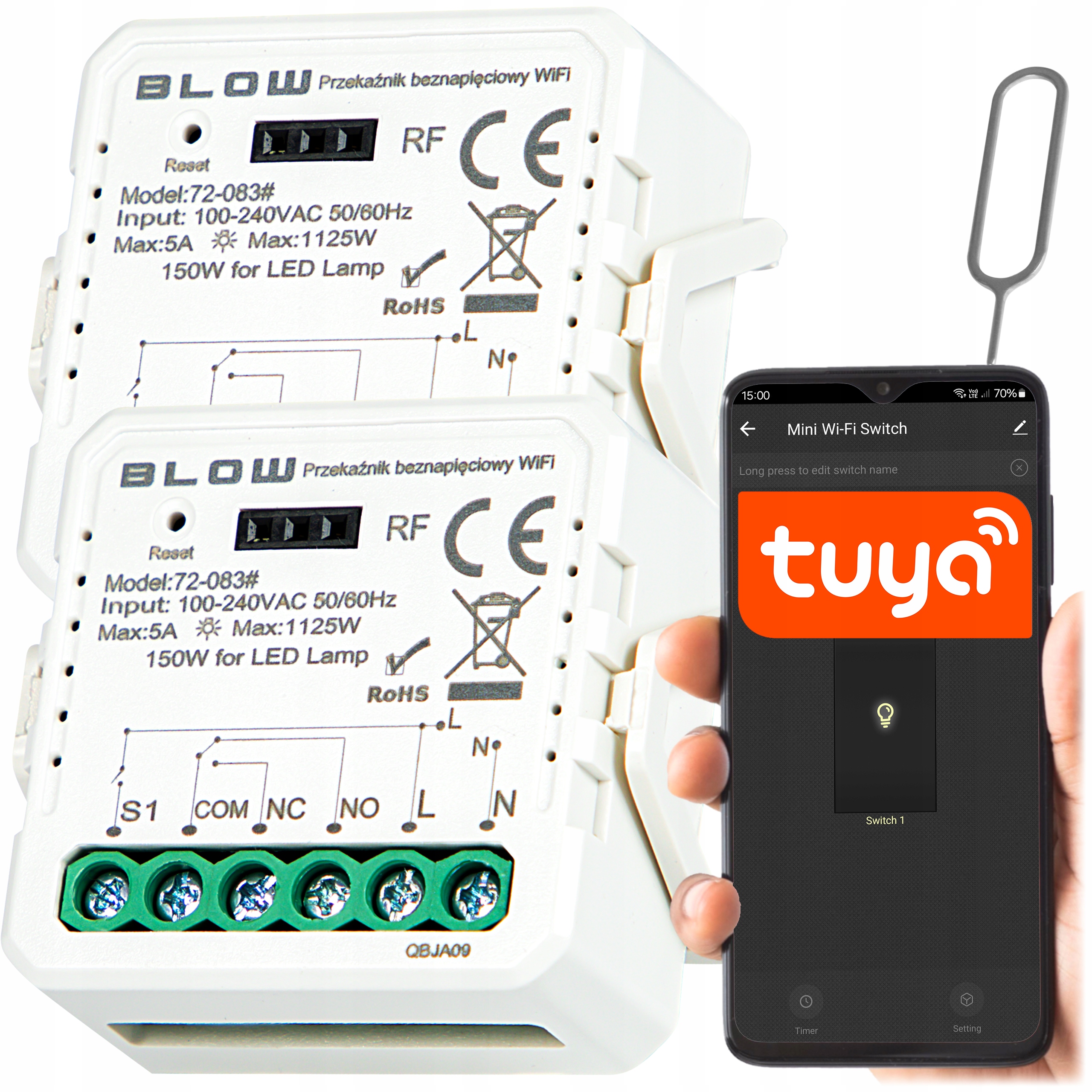 2x Dopuszkowy Włącznik Przekaźnik Beznapięciowy Nc No Wifi Tuya Brama Piec