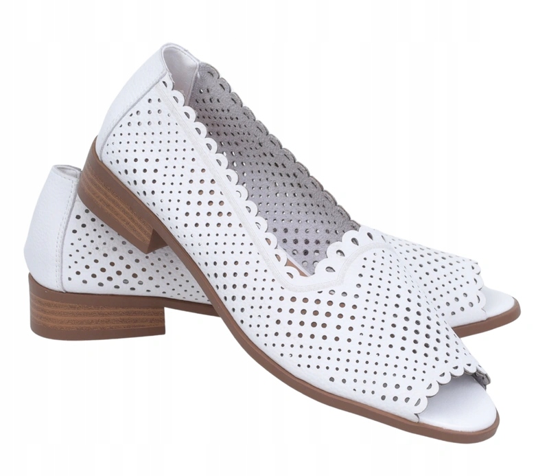 Białe skórzane czółenka damskie płaskie ażurowe półbuty z wyciętymi palcami