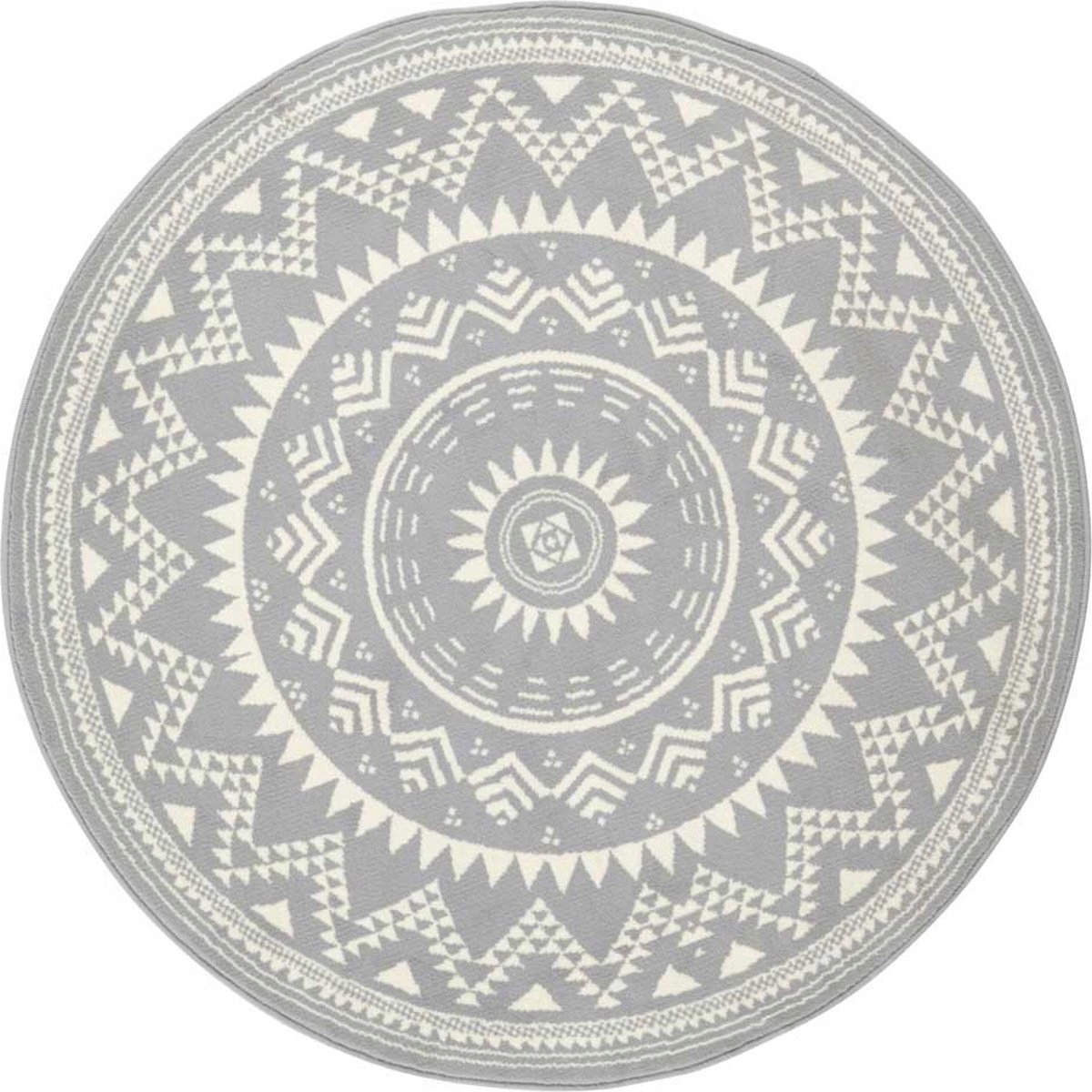 Koberec kulatý do obývacího pokoje 200 cm, šedo krémový vzor mandala s měkkým vlasem
