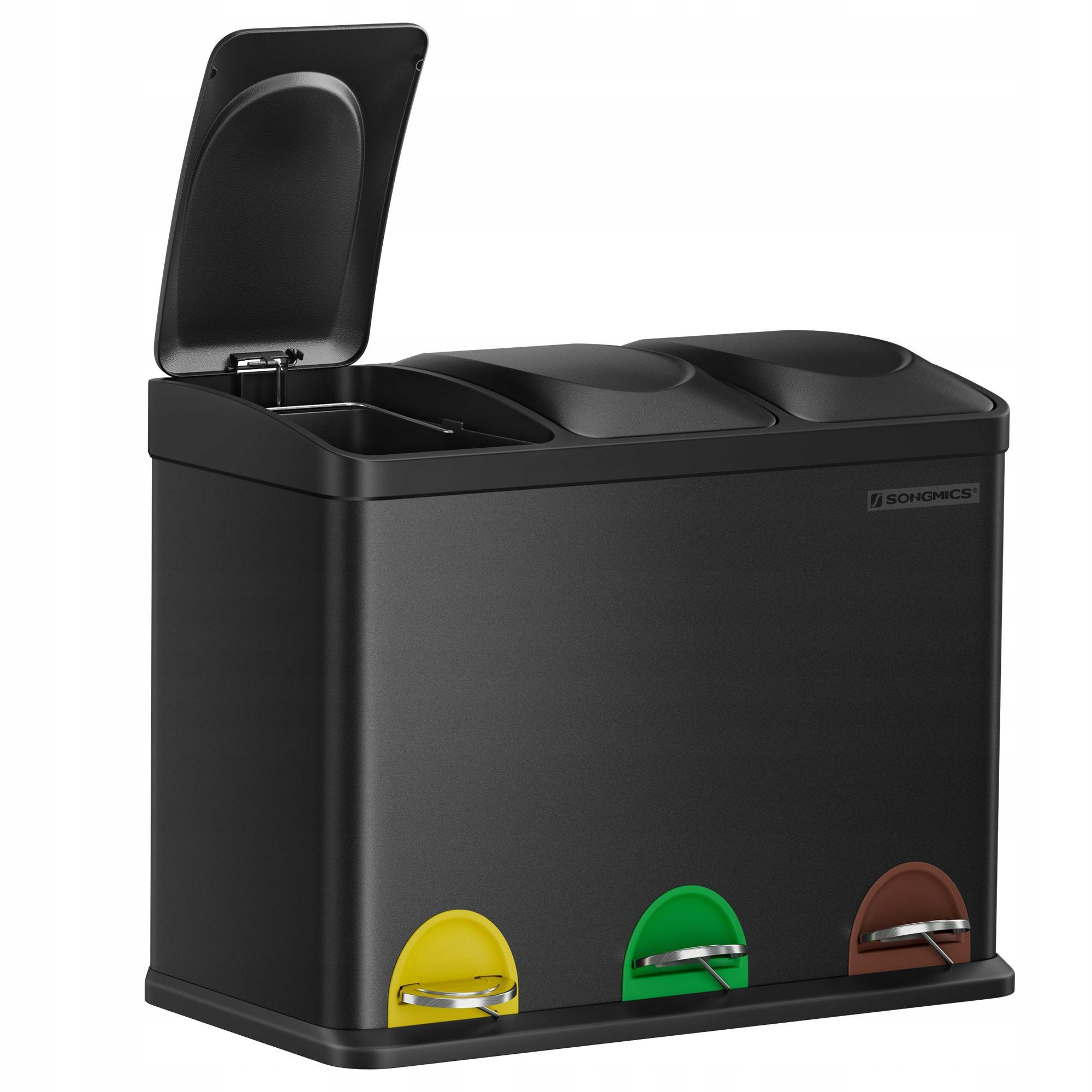 Levně Černý ocelový odpadkový koš na tříděný odpad, vyjímatelné 3 náplně x 15 l