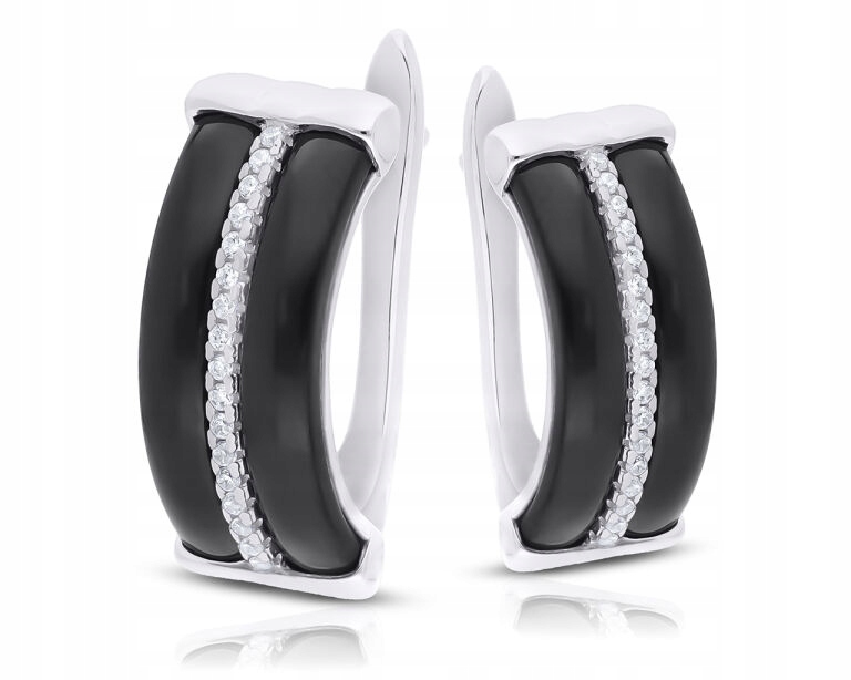 Stříbrné náušnice Černá Keramika zirkony anglické Dámské stříbro 925