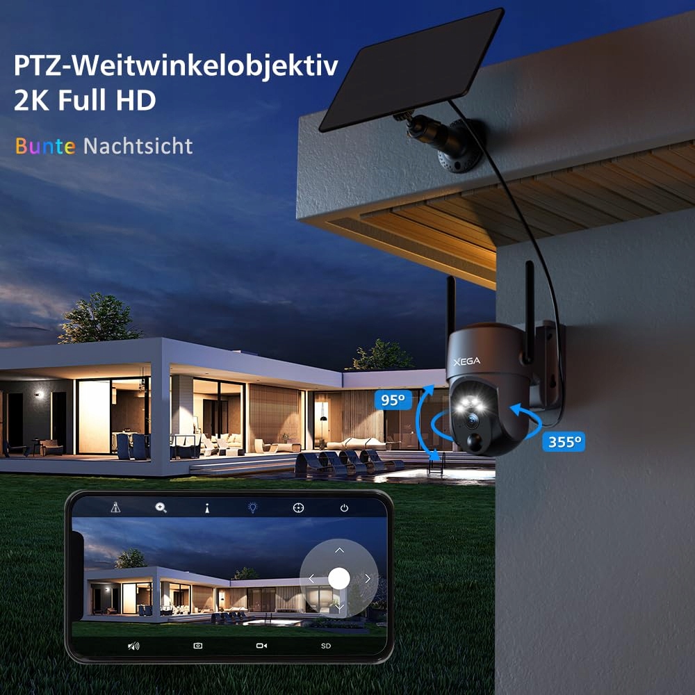 XEGA Zestaw 4 Kamer Solarnych Zewnętrznych HD PTZ WiFi PIR Audio — miniatura 2