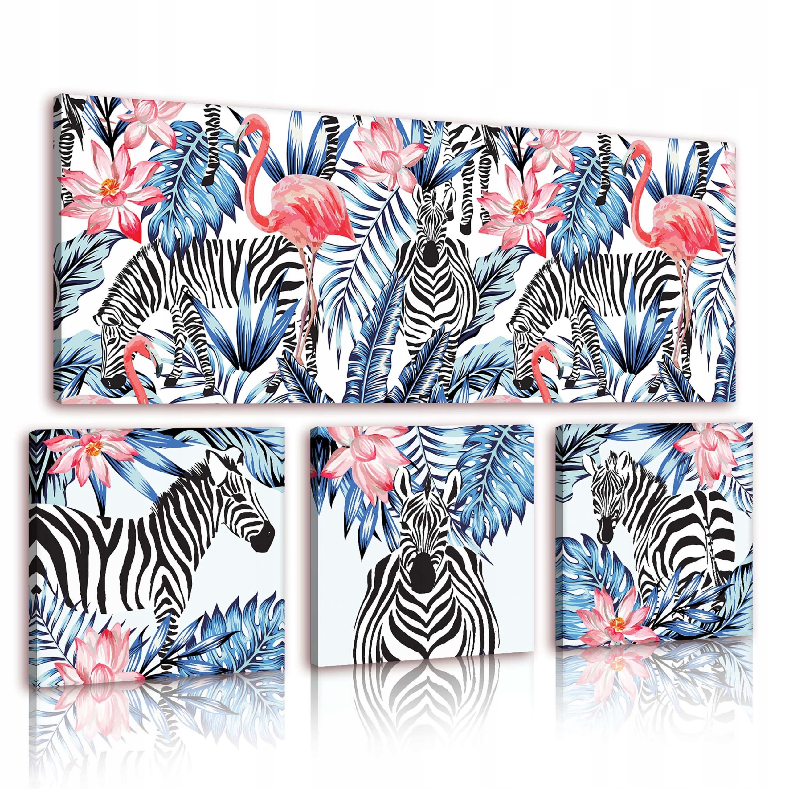 Obraz 80x55 modulární triptych bez rámu tropy zebra plameňák lotosová stěna