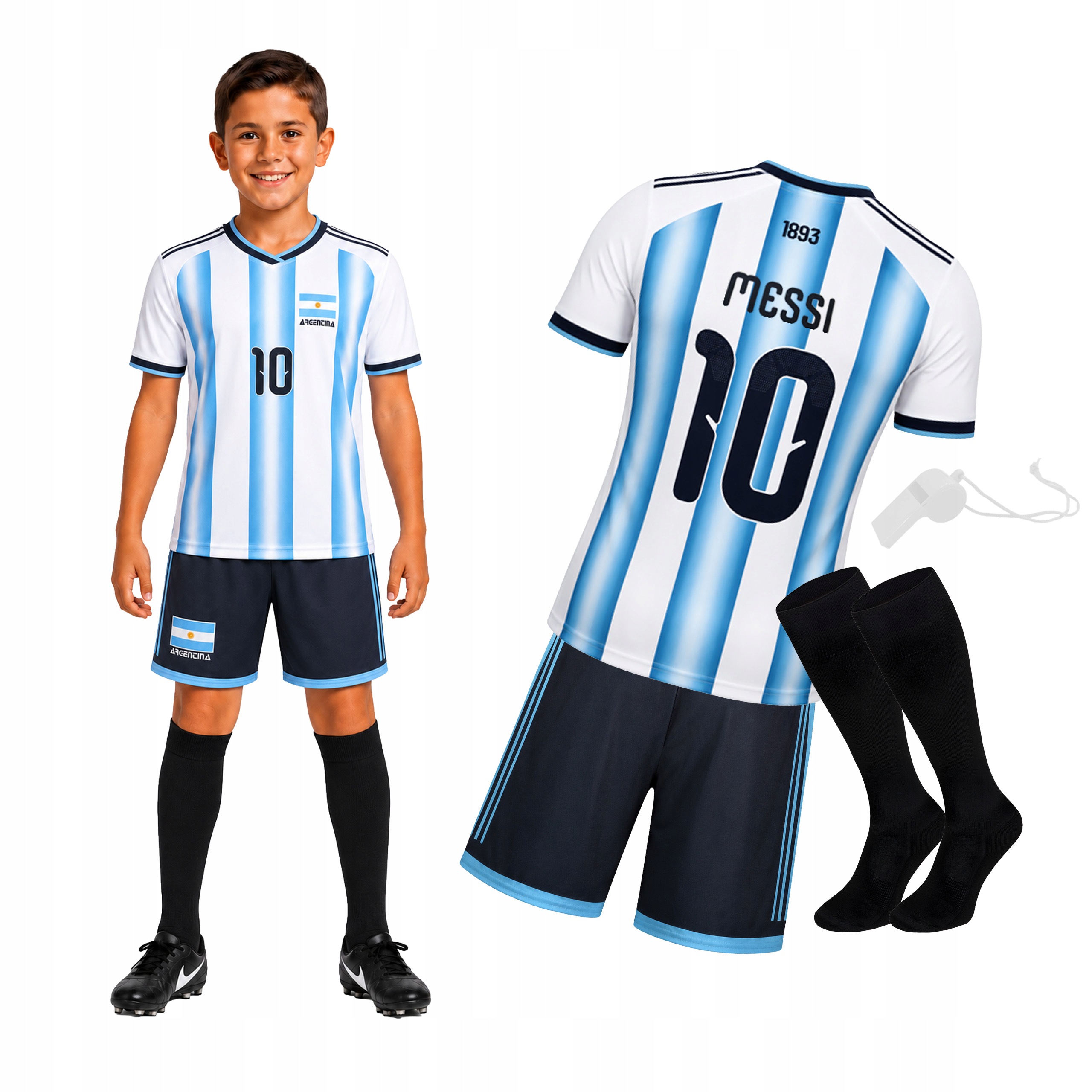 Strój piłkarski Messi 10 Argentyna koszulka spodenki getry 140