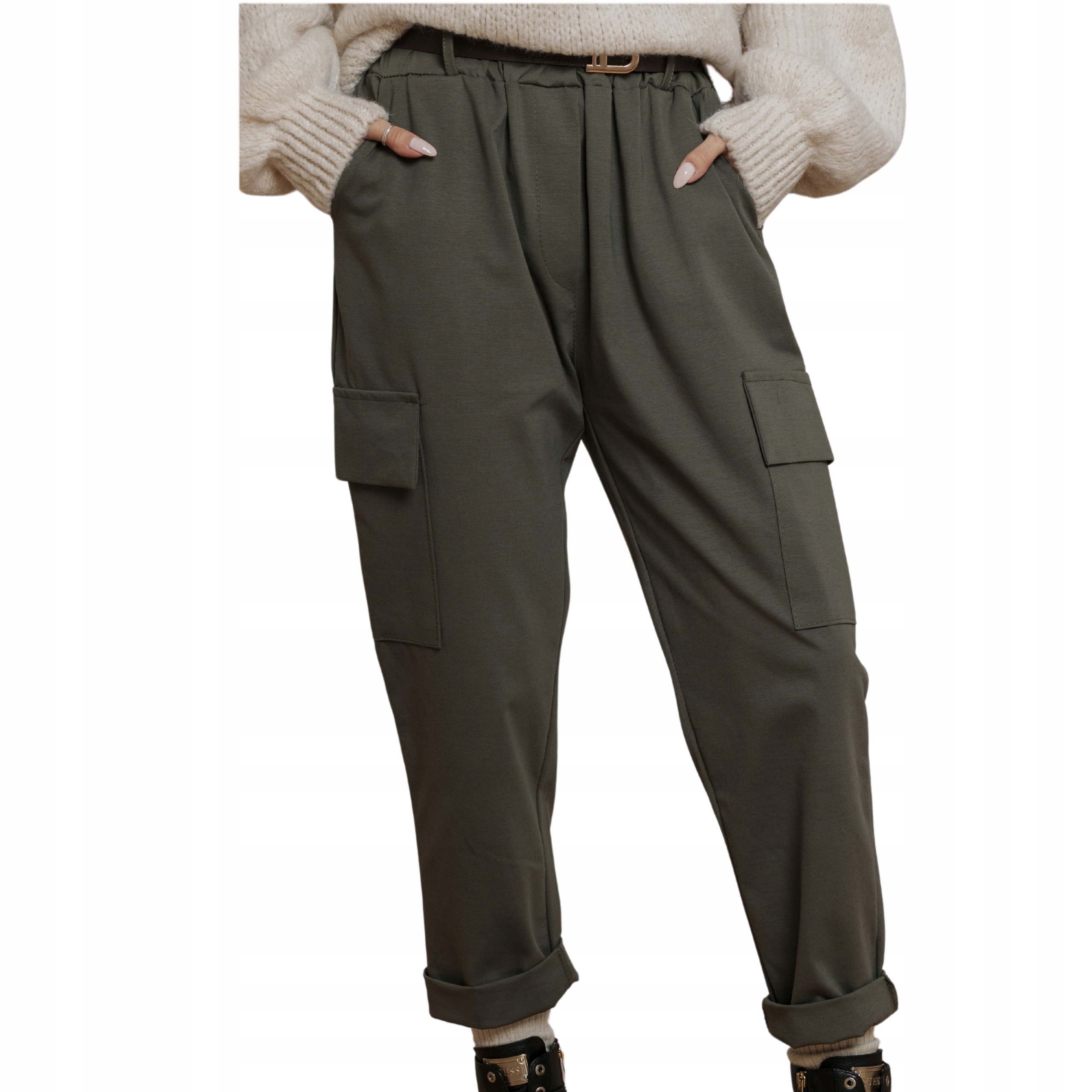 Dámské kalhoty baggy cargo elastické kapsáče na gumě pásek khaki Uni