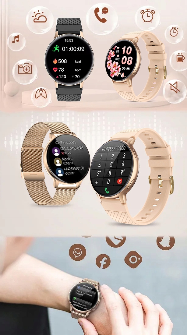 SMARTWATCH ZEGAREK DAMSKI POLSKIE MENU ROZMOWY POWIADOMIENIA SPORT 4 PASKI Komunikacja Bluetooth