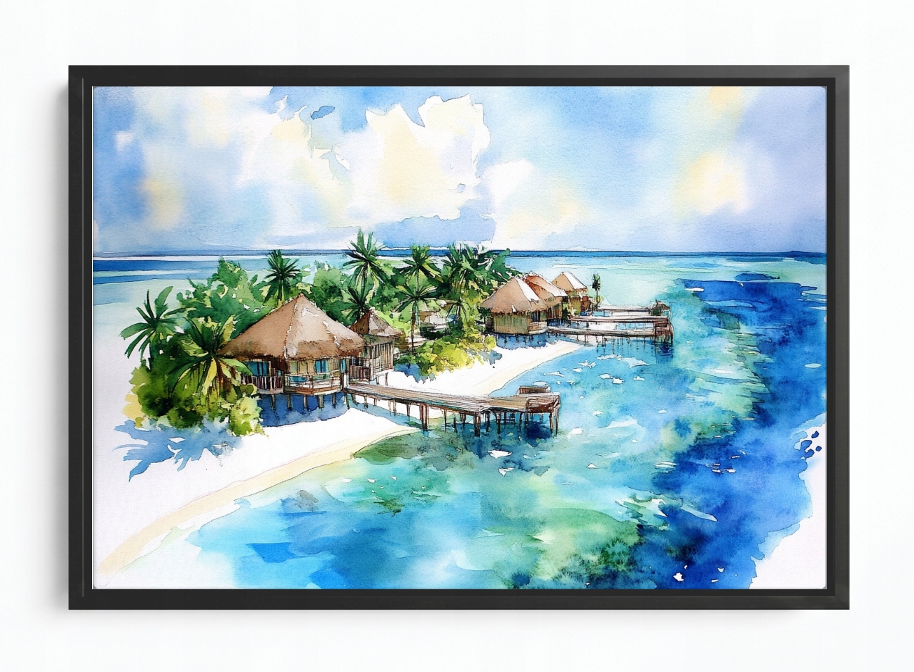 Obraz Rám Americký Box Exotický Ostrov Oceán Chaty Palmy Maledivy 120x80