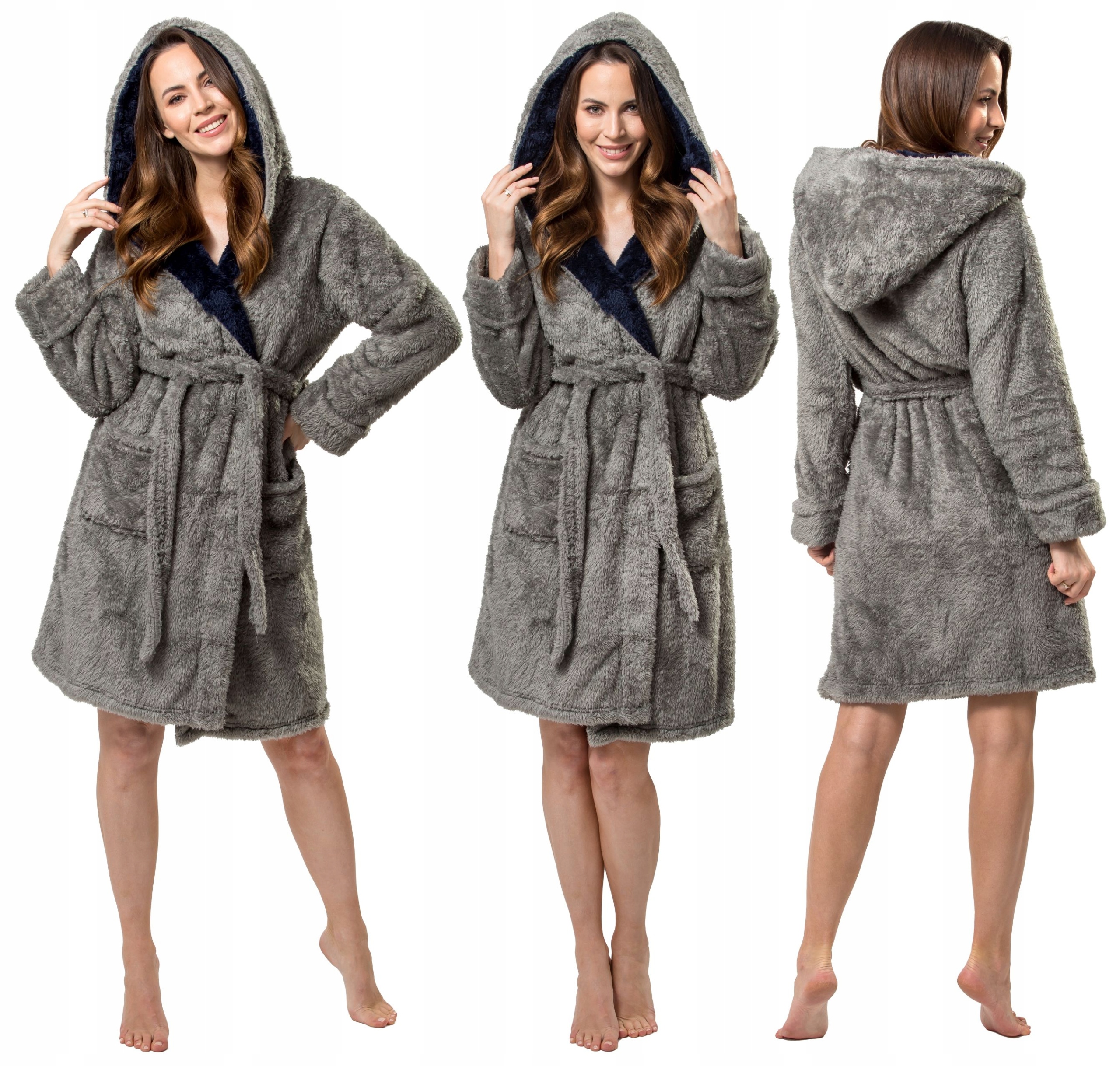 SZLAFROK DAMSKI CIEPŁY Z KAPTUREM SZARY JORDAN GREY/NAVY PREZENT ŚWIĘTA M