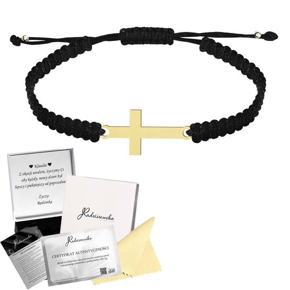 Náramek Zlatý kříž Stříbro 925 Šňůra Dárek Gravírování Přání Bonus