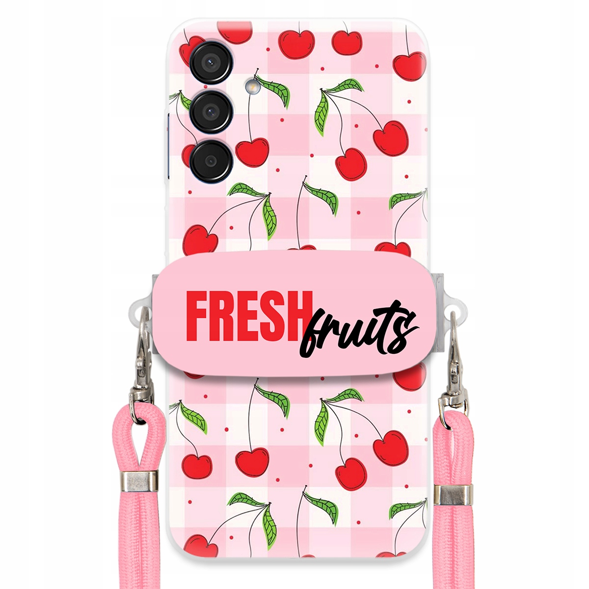 Puzdro pre Samsung M15 5G Case držiak na šnúrku Ružový Fresh Fruits Mriežka