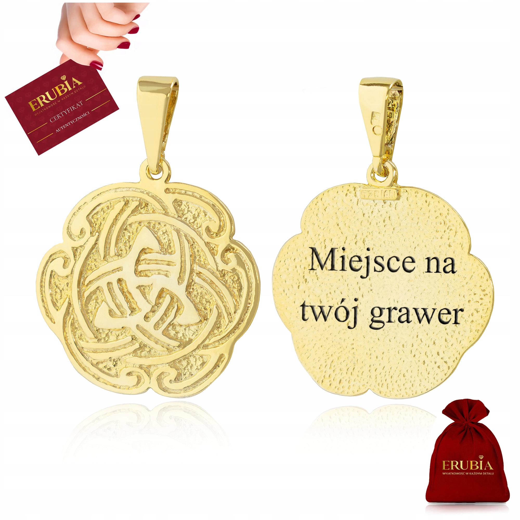 Lesklý Zlatý Přívěsek Ryzost 585 925 14K Přívěsek Talisman Keltský Gravírování