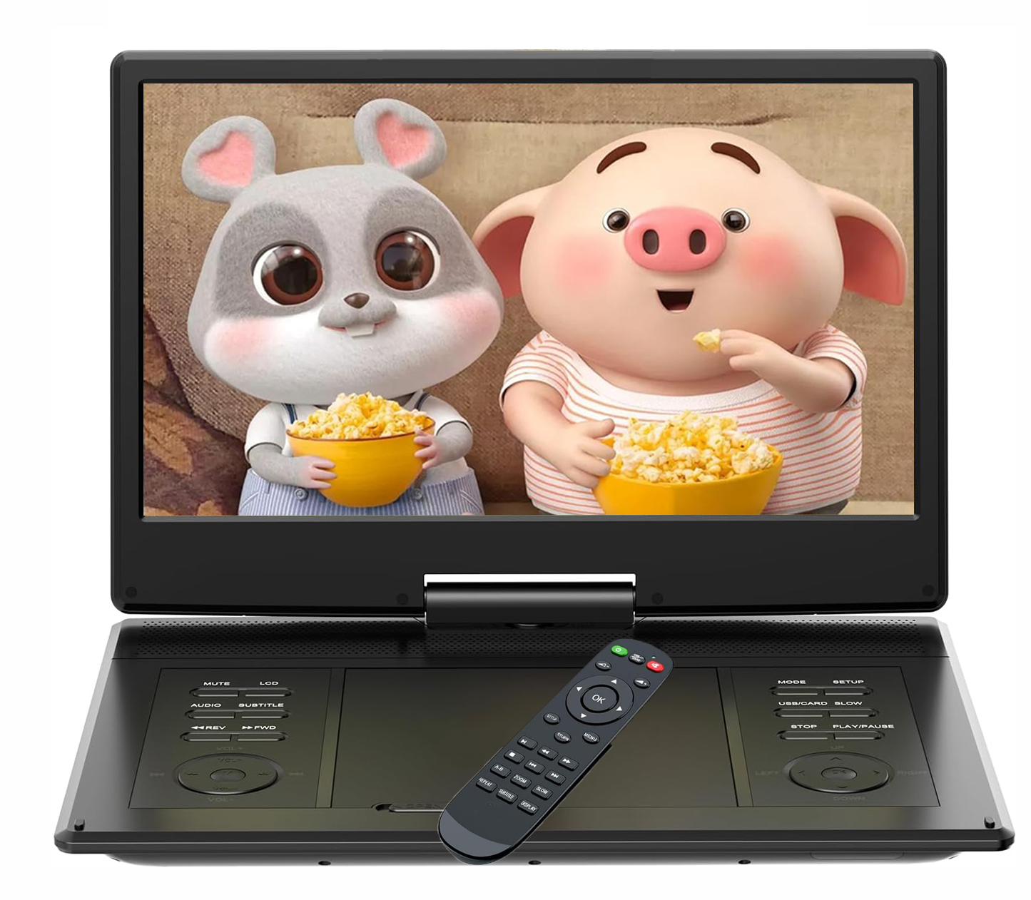 Přenosný DVD přehrávač pro děti s otočnou obrazovkou o úhlopříčce 14"