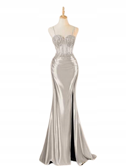 Shein Stříbrná Večerní Šaty S Flitrovým Korzetem A Rozparkem 38 1JE