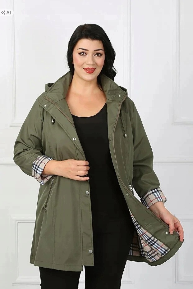 Dámský Kabát S Kapucí V Ležérním Khaki Stylu 54 5IA