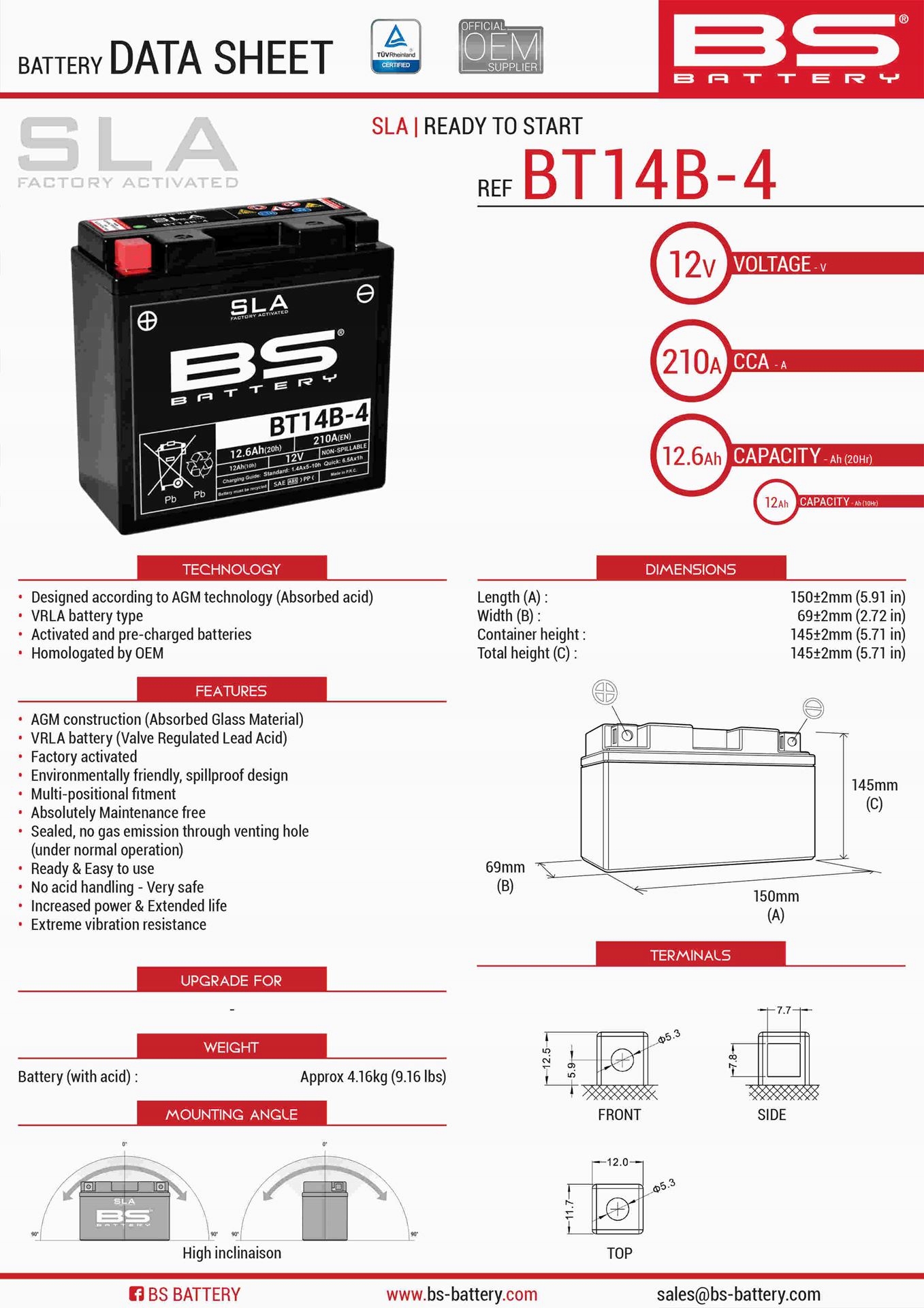 Bs Batéria BT14B-4 (fa) (YT14B4) 12V 12AH 150X69X145 Bezobs Lužný Zala