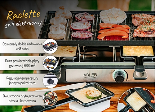 Grill Raclette Elektryczny AD 6616 1400W 8 Osób Płyta Grill + Patelenki