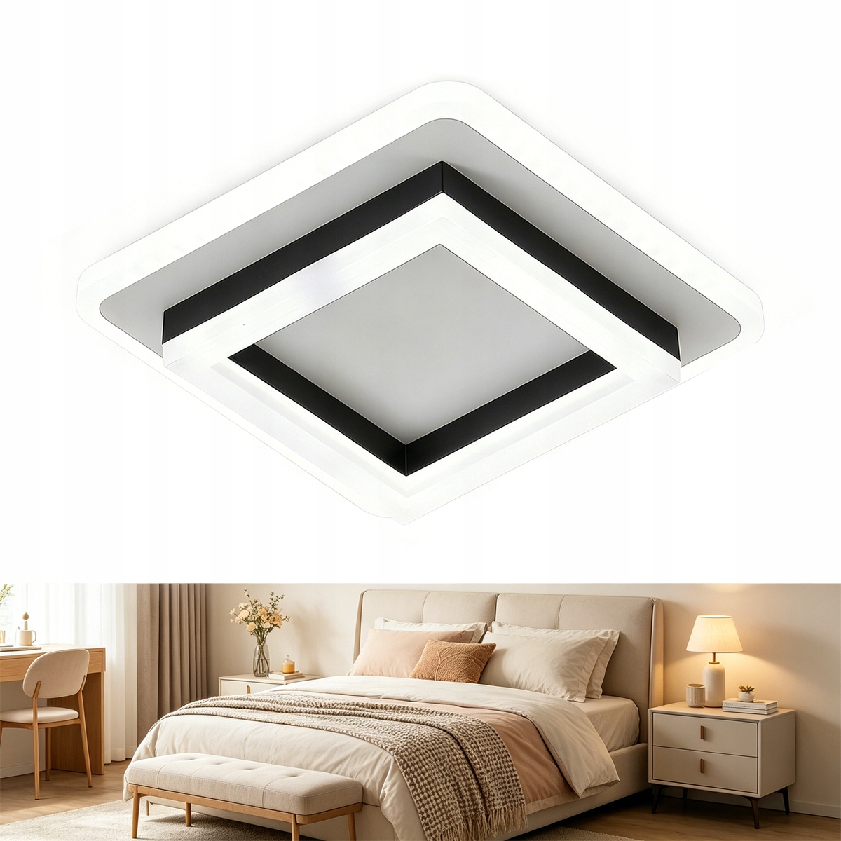LAMPA SUFITOWA LED PLAFON KWADRAT CZARNA NOWOCZESNA 24W 6000K DO SALONU