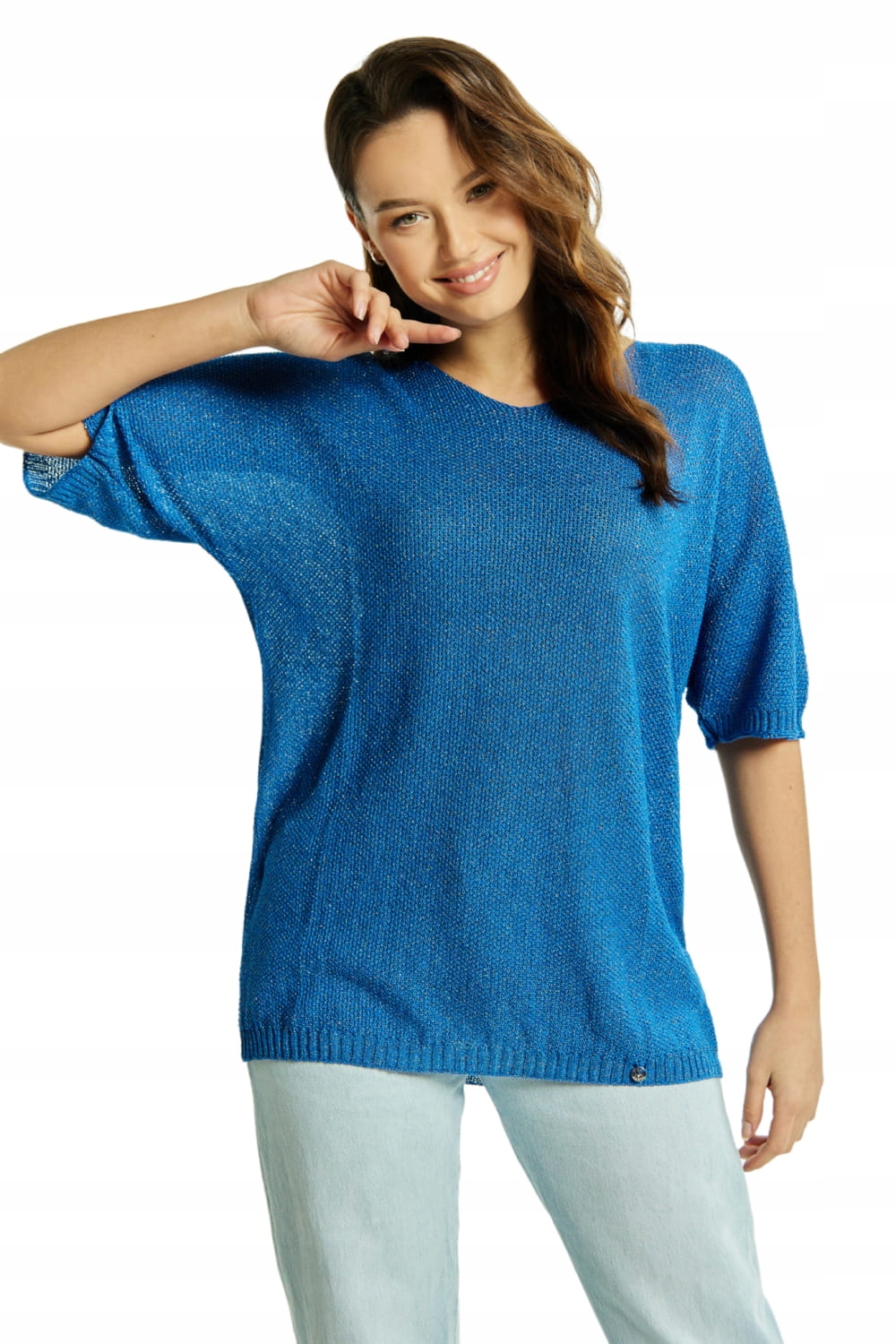 Niebieska Bluzka damska z Wiskozy sweterek na lato One Size Polska Estera