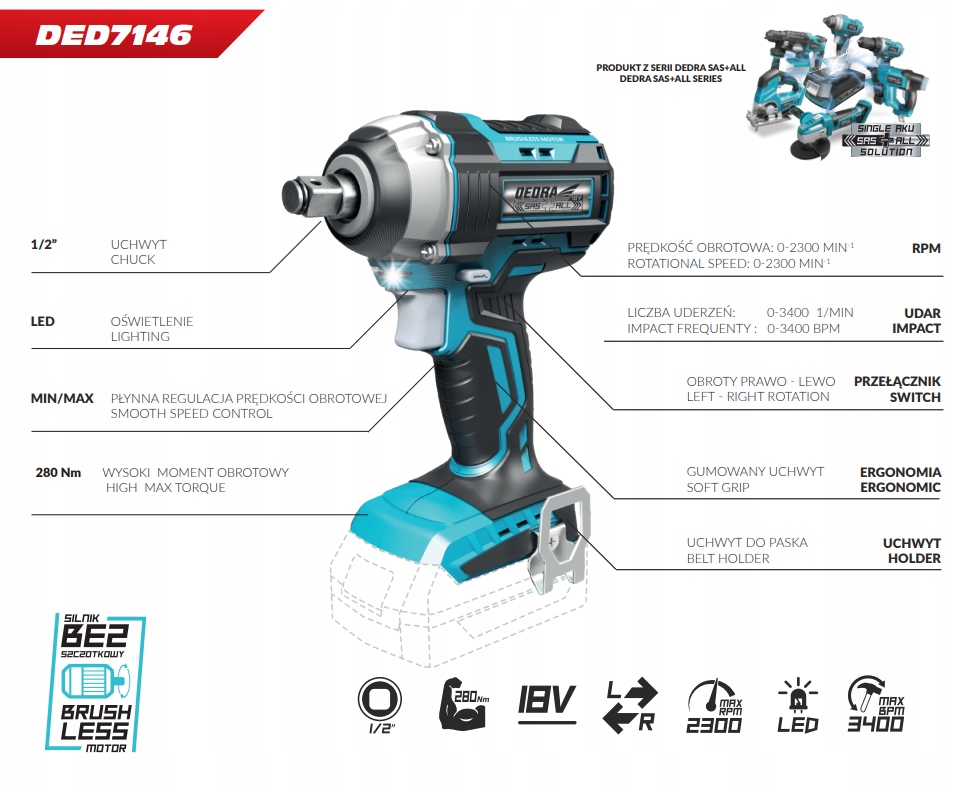Klucz Udarowy 18V Li-Ion DEDRA SAS+ DED7146 280Nm Rozmiar trzpienia 1/2''