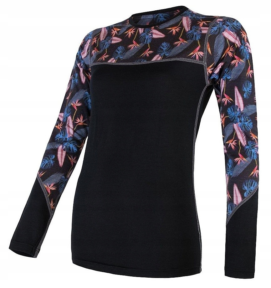 Sensor Merino Impress dámské triko dl.rukáv černá/floral velikost L