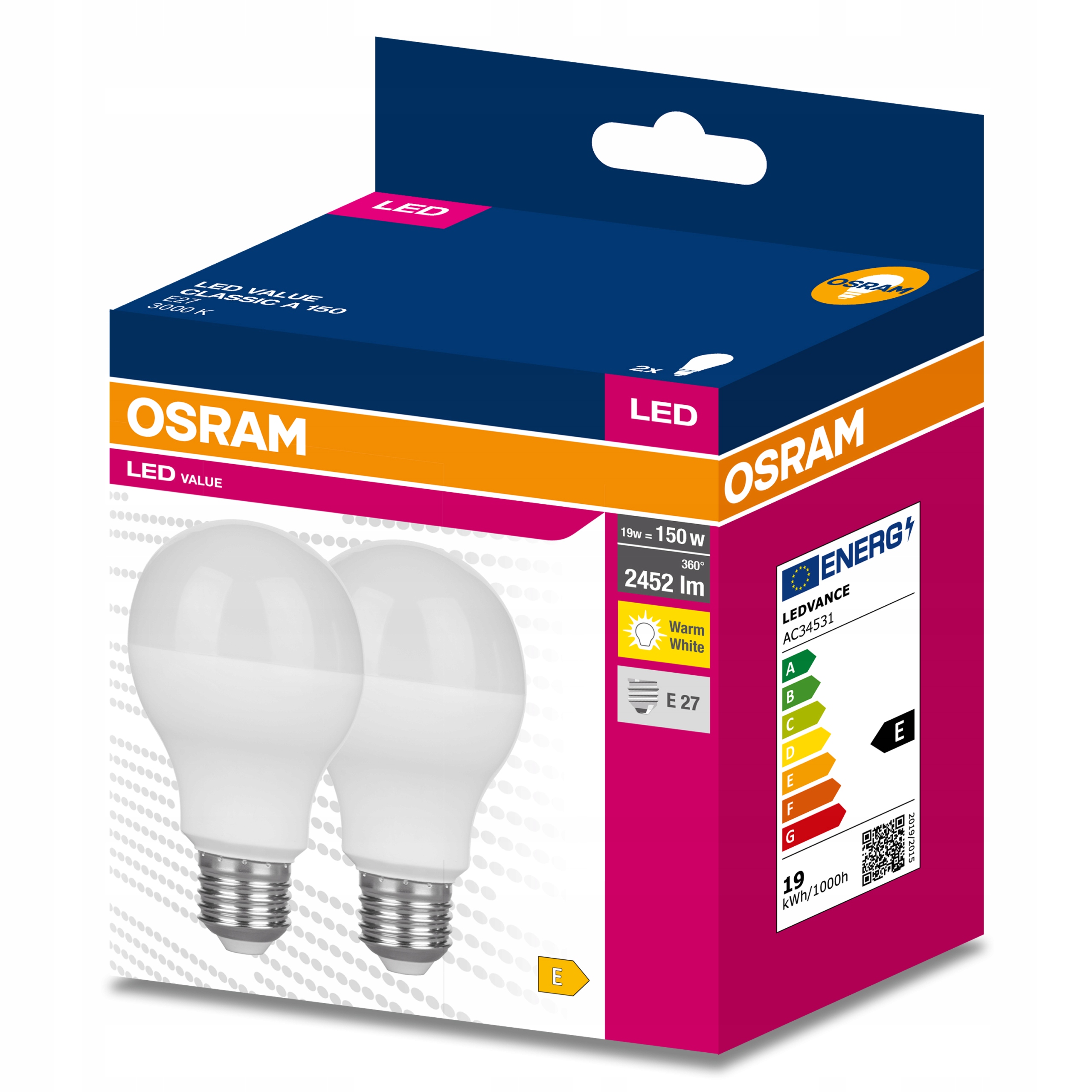 

2x Żarówka Led E27 19W 150W 2452lm 3000K Osram
