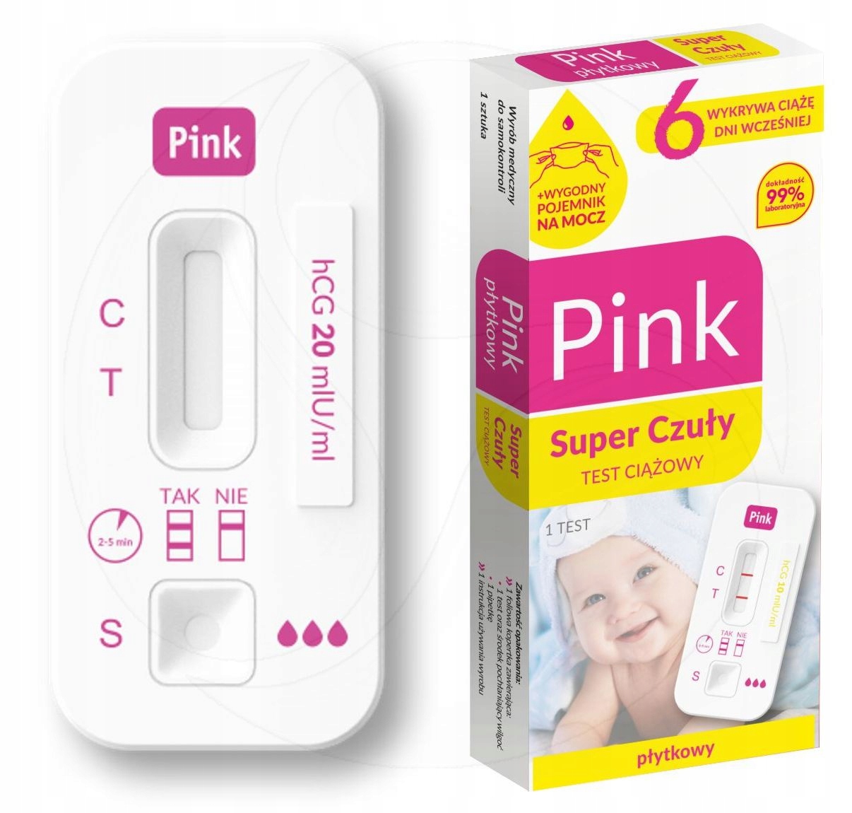 

Pink Czuły Płytkowy Test Ciążowy 99,9%