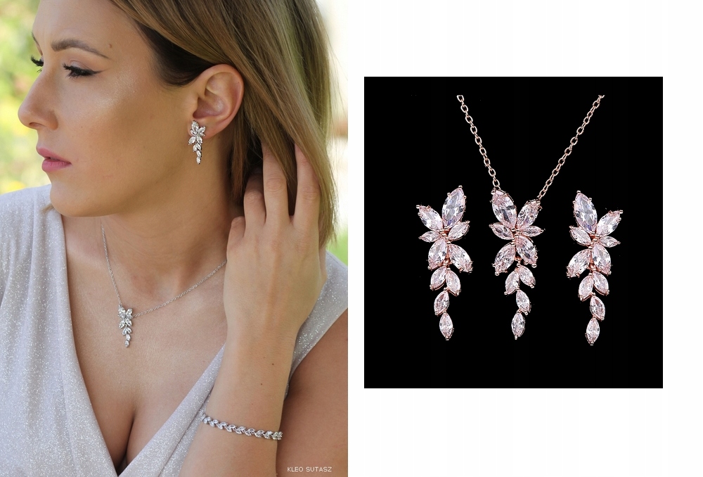 KOMPLET NASZYJNIK KOLCZYKI LIŚCIE ZŁOTY ROSE GOLD