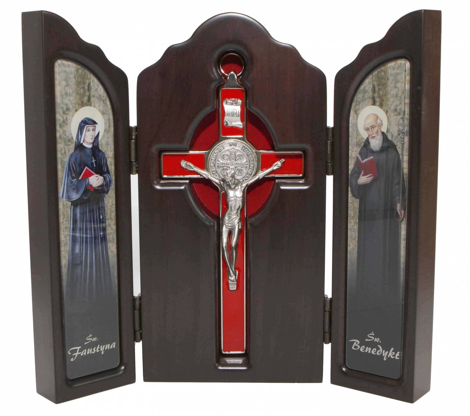Dřevěný triptych Svatá Faustyna a svatý Benedikt 25 x 27 cm