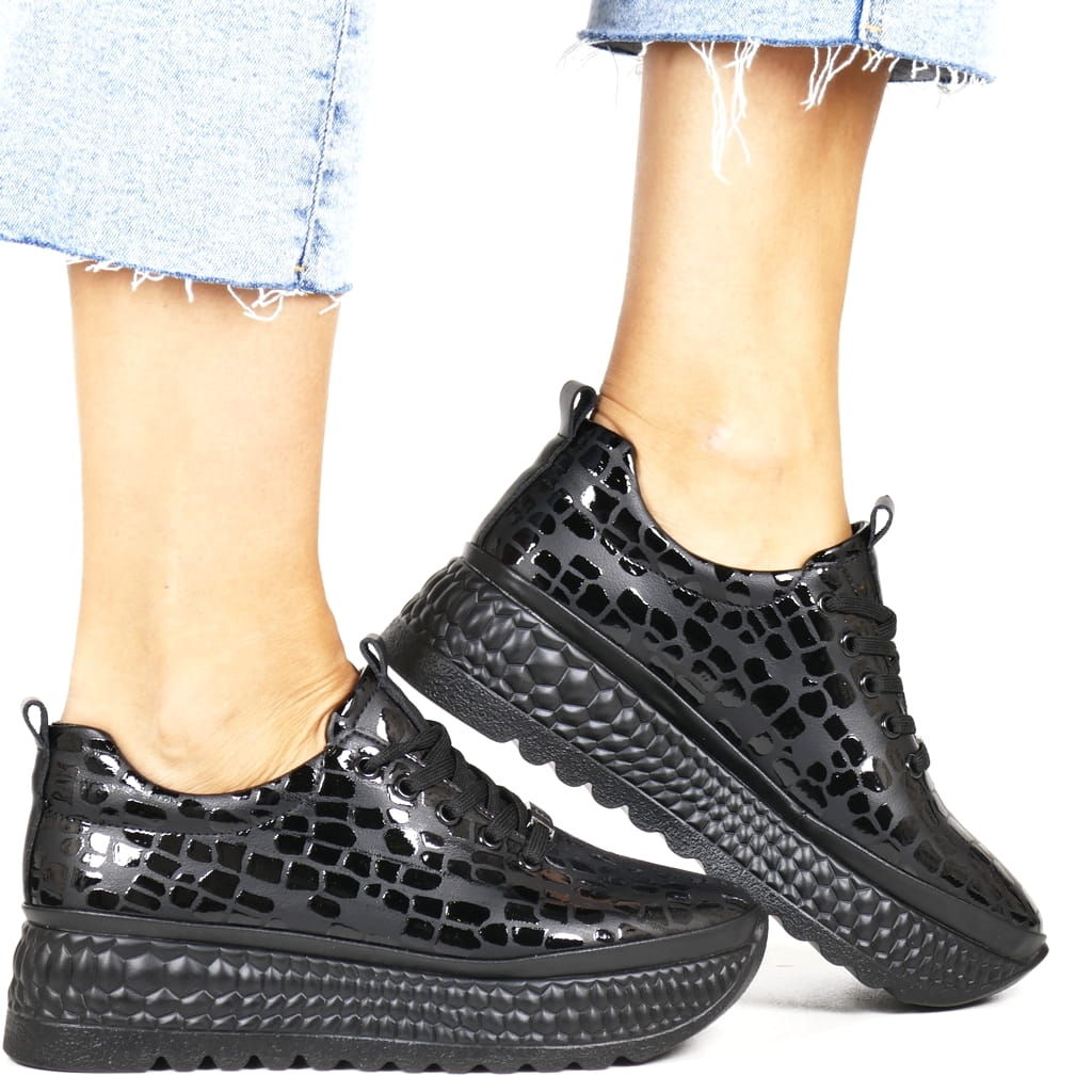 Černé Kožené Polobotky Na Platformě, Lehké Šněrovací Tenisky, Nové