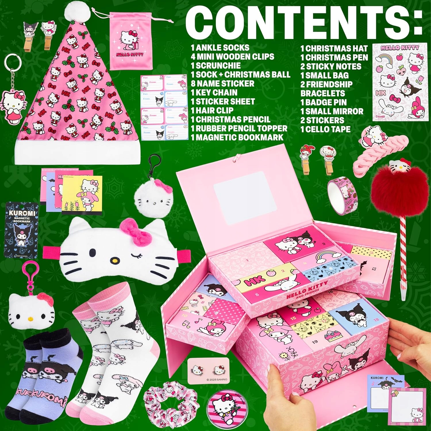 Адвент-календарь Hello Kitty 2025 для девочки, 24 сюрприза: носки, канцелярия и украшения — фото 4