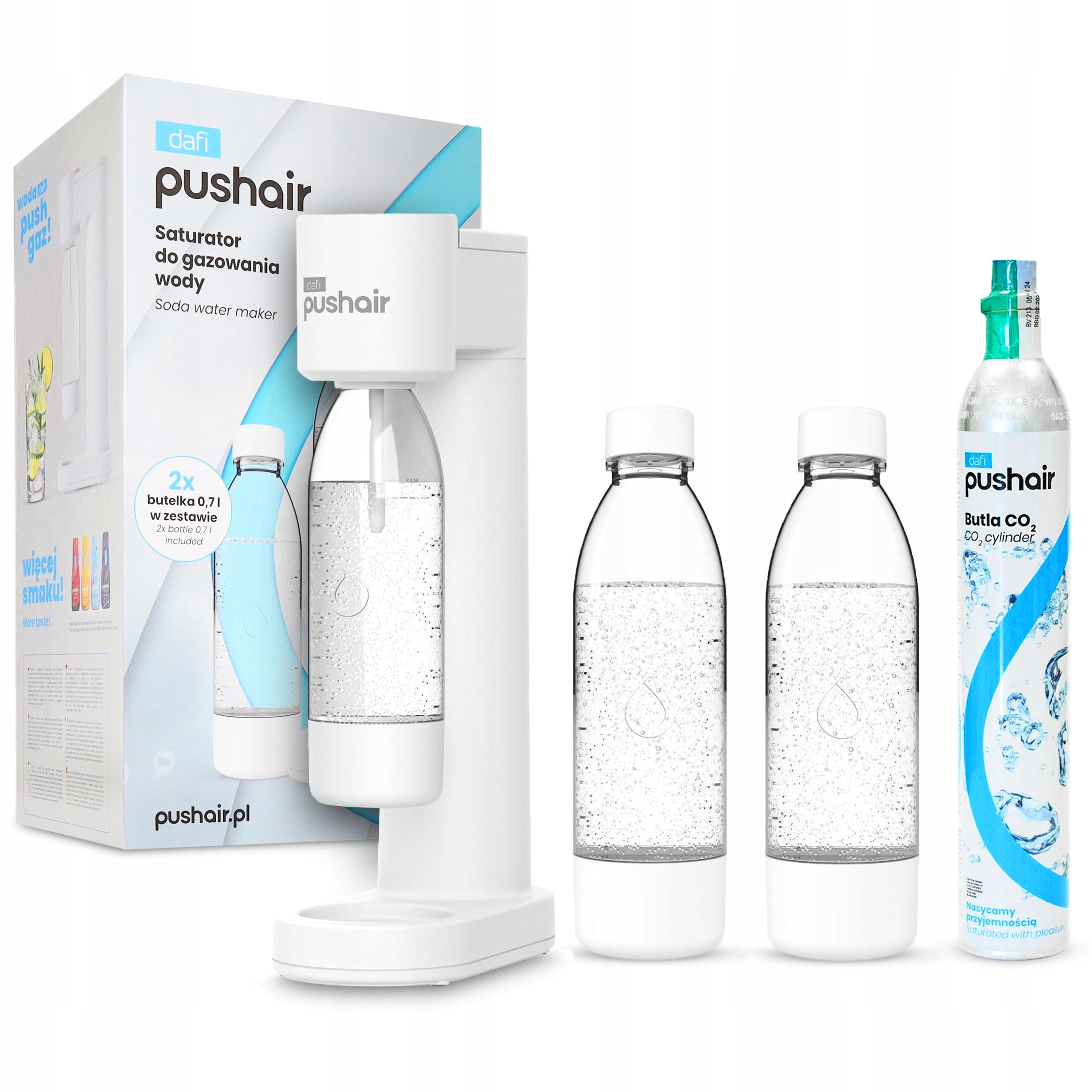 Výrobník sody Dafi PushAir 2 x láhev 0,7 l bombička CO2 sada bílá