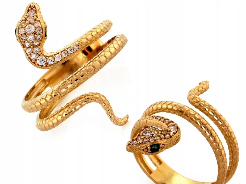 Elegantní zlatý prstýnek 585 ve tvaru hada s zirkony r15