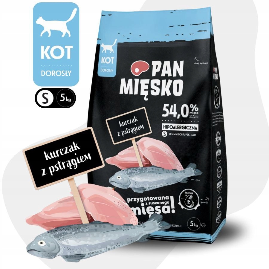 Pan Mięsko karma sucha dla kota Suszony Kurczak Pstrąg Małe chrupki S 5kg