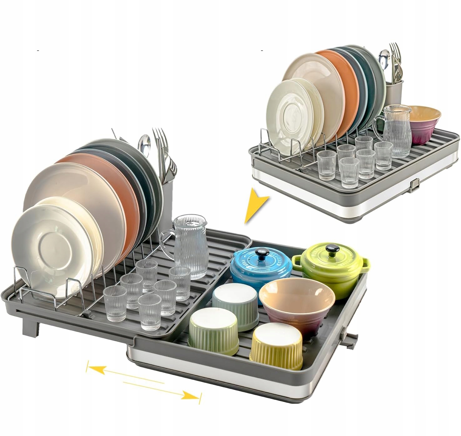 Rozkládací Malý Odkapávač Na Nádobí Šedý Pro Malé Kuchyně Ocelový Kompaktní