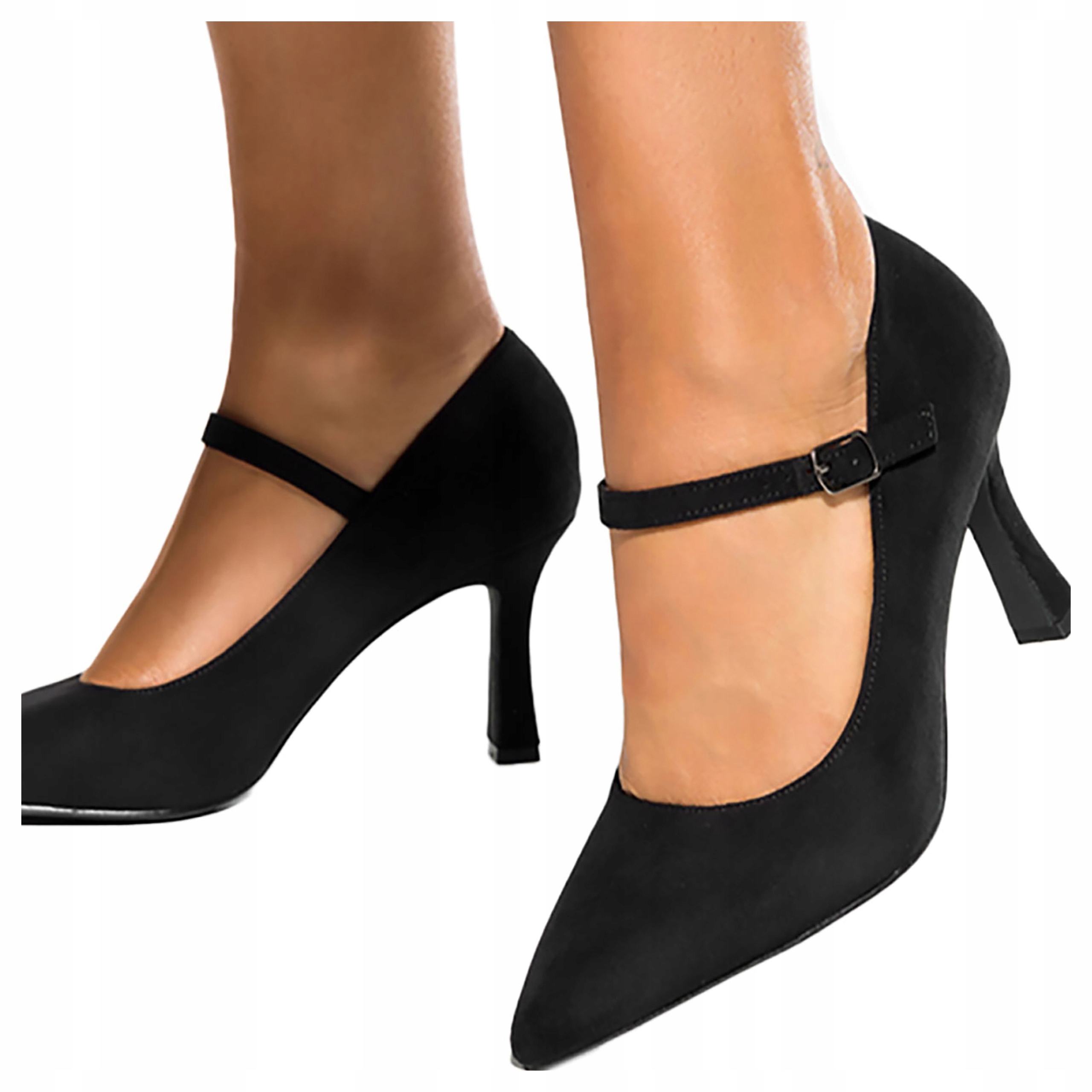 Czółenka Damskie Mary Jane Obcas Kieliszek Skórzana Wkładka Czarne r 38