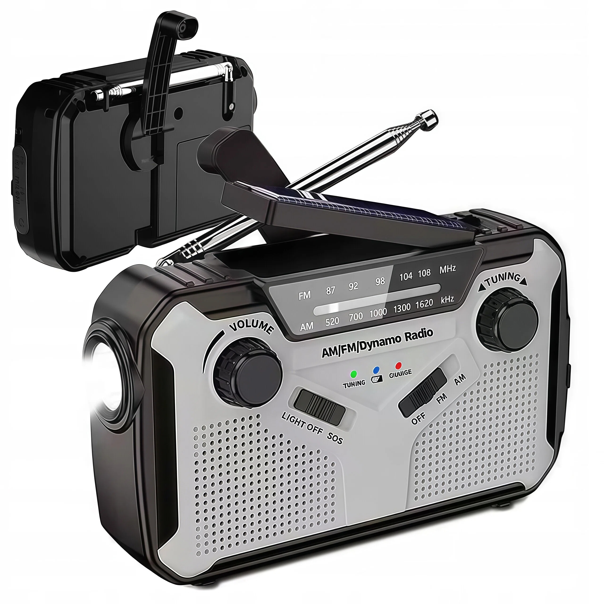 Radio Awaryjne Solarne Z Korbą I Powerbank 2500MAH Z Latarką I Sos Szare