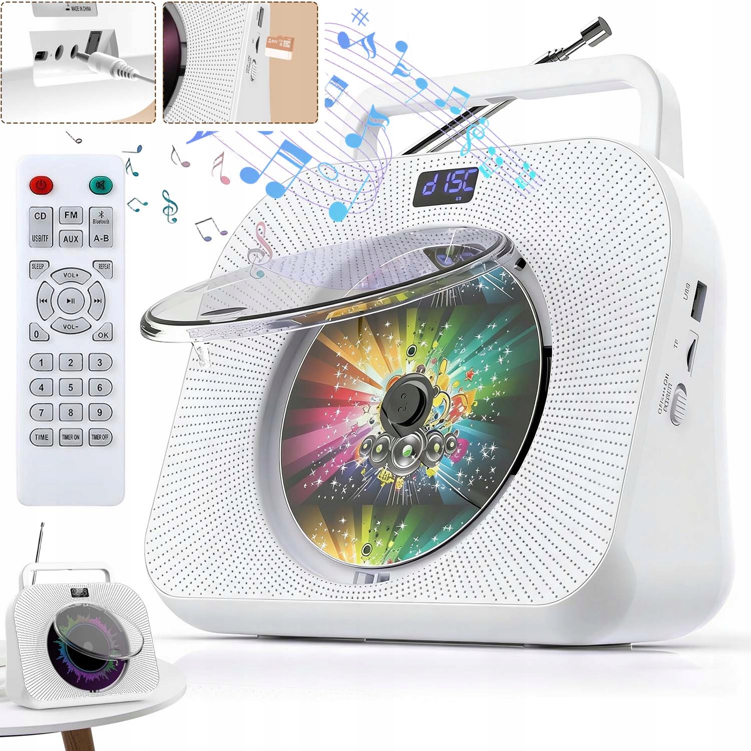 Přenosný CD Přehrávač, Bluetooth Reproduktor Usb/aux S Programovatelným Časovačem