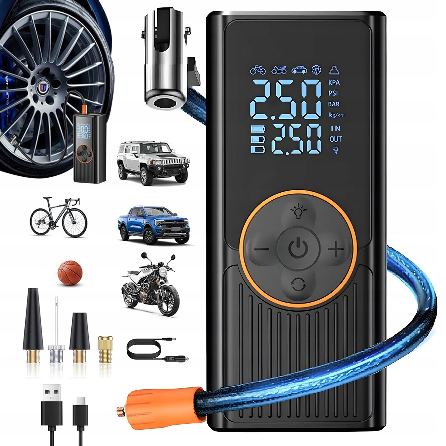 Kompresor Do Auta Bezdrátová Pumpa 150 Psi 5 Režimů Led Manometrem