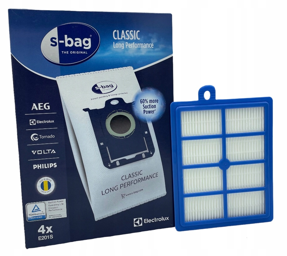 Worki S-bag Classic Performance 4szt+Filtr HEPA Marka odkurzacza AEG Electrolux Philips Volta